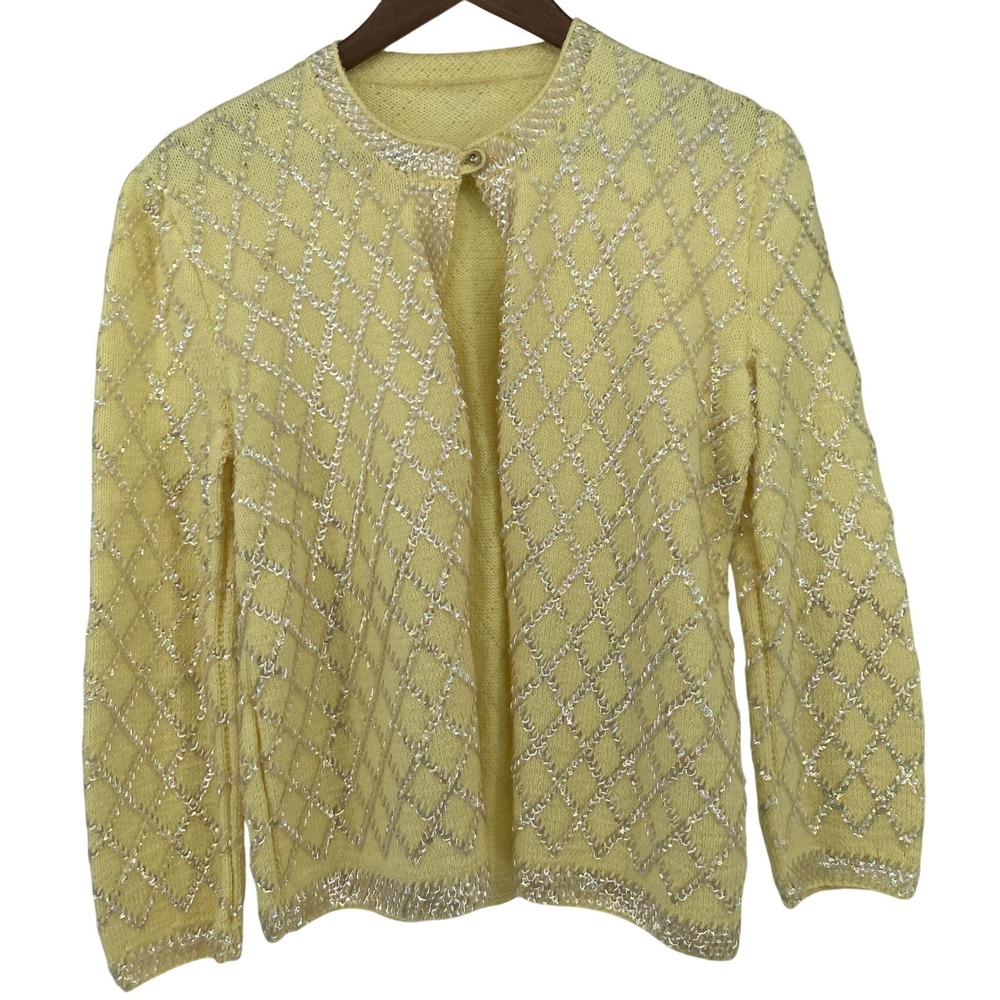 Yellow Sequin Beaded Cardigan Cottagecore Fairycore Romantic Sweater M/L